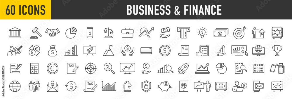 Set of 60 Business and Finance web icons in line style. Money, bank, contact, office, payment, strategy, accounting, infographic. Icon collection. Vector illustration.