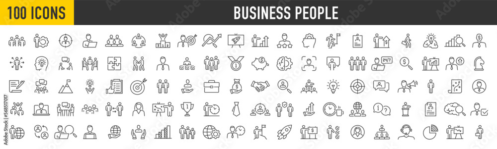 Set of 100 Teamwork icons in line style. Team, business people, human resources, collaboration, research, meeting, partnership, support, businessman. Collection. Vector illustration.