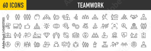 Set of 100 Teamwork icons in line style. Team, business people, human resources, collaboration, research, meeting, partnership, support, businessman. Collection. Vector illustration.
