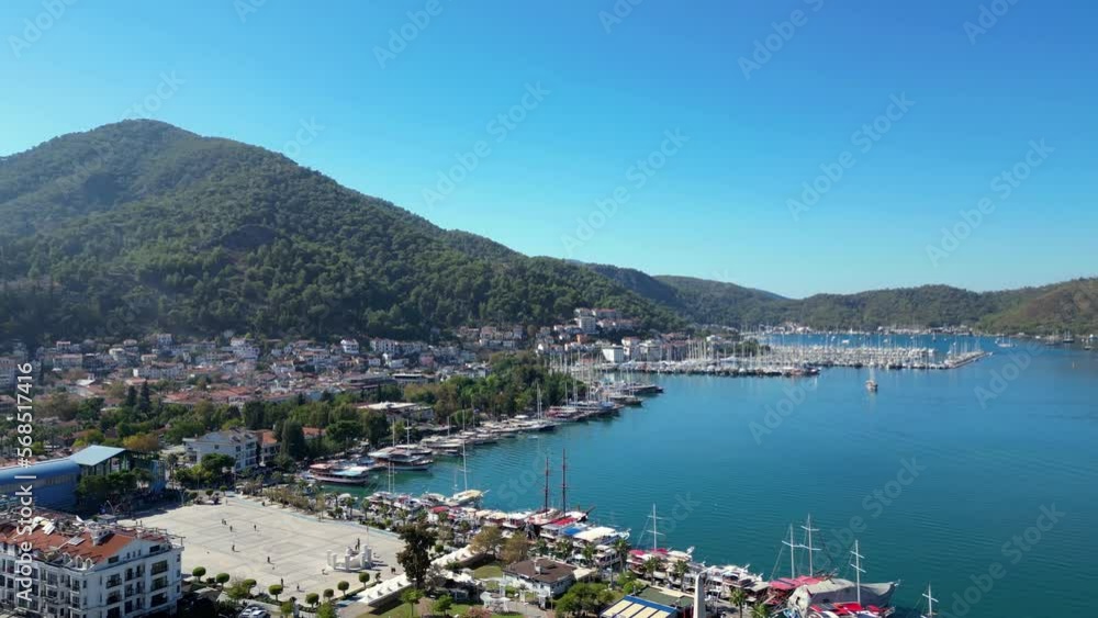 Fethiye landscapes, port with a lot of yachts on the blue sea by copter Fethiye landscapes, port with a lot of yachts on the blue sea by copter