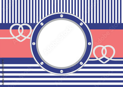 Greeting card with frame and heart shaped ropes. Striped background. Maritime style. Vector illustration.