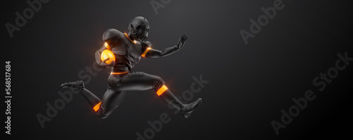 Abstract silhouette of a NFL american football player man in action isolated black background.