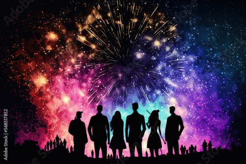a group of people taking in an amazing fireworks display during a carnival or special occasion. individuals silhouetted. Generative AI