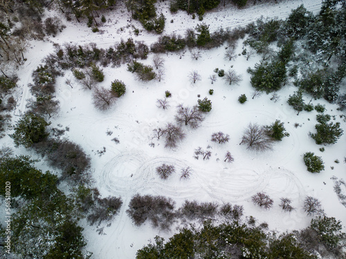 Aerial drone view of a winter landscape.