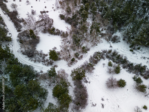 Aerial drone view of a winter landscape.