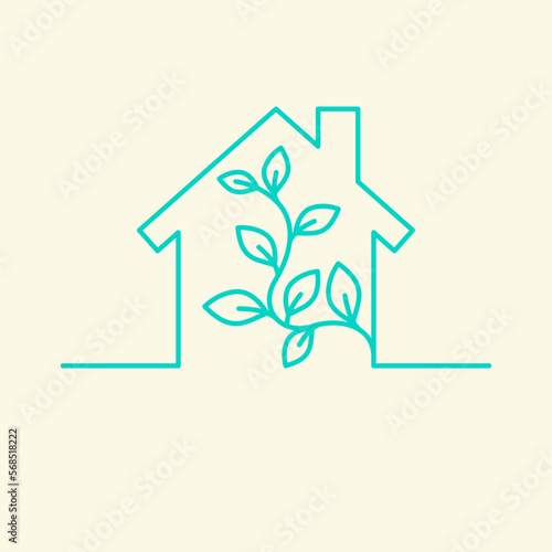 Vector illustration depicts a silhouette of a house with a plant. A sign of an eco-friendly microclimate in the house.