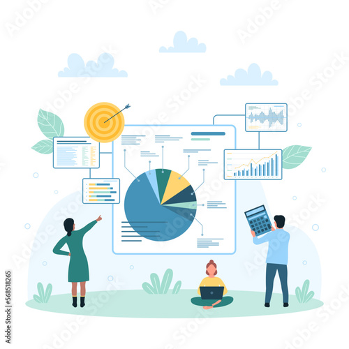 Data analysis of stock market trades vector illustration. Cartoon tiny people research graphs and candlestick and pie charts reports on dashboard, traders monitor indicators and index information