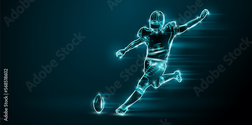 Abstract silhouette of a NFL american football player man in action isolated black background.