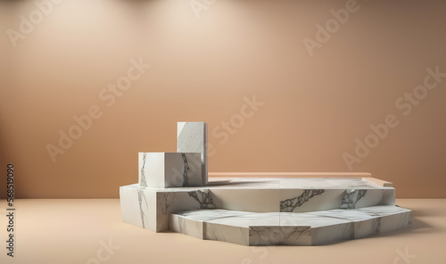 white marble pedestal steps in center with abstract or unorganized layout on orange background.  minimalistic abstract background concept for product placement. Minimal fashion mockup.generative ai