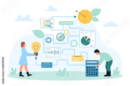 Business strategy and tactics planning process vector illustration. Cartoon tiny people plan goal achievement on long scheme with data charts, ideas and target, work with flipchart presentation