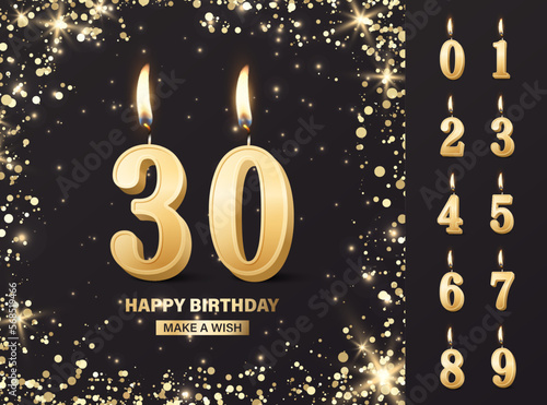 Vector Birthday Anniversary Greeting Card, Banner with 3d Realistic Burning Golden Birthday Party Candles, Numbers, Flame. Candle Icon Set. Design Template, Clipart. Birthday Concept. Front View