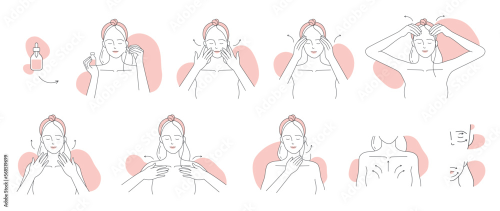 Skin care of face steps line icons set vector illustration. Hand drawn outline girls in towels massage facial skin with serum, female characters using cosmetic beauty product in bottle with pipette