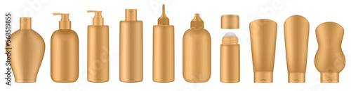 Set of gold squeeze bottles and cosmetic tubes. Korean packaging. Lotion or shower gel. Body antiperspirant deodorant roll-on	

