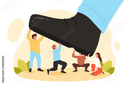 Giant foot step to crush team of business people vector illustration. Cartoon big shoe crushing tiny corporate employees, work of managers to resist pressure and conflict abuse of leaders stomp