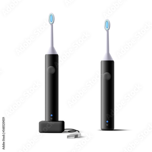 3d Electric black toothbrush with USB charging station. For dental care. Oral hygiene. Stomatology.