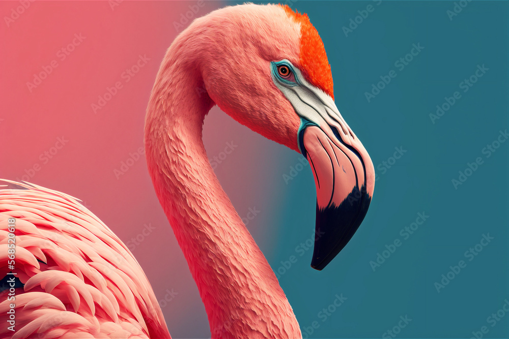 Obraz premium Exotic Pink flamingo bird closeup on blured background. Generative AI