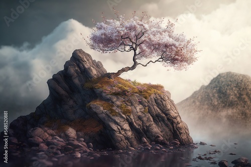 Beautiful blooming sakura on the top of the mountain AI