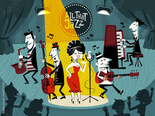Cartoon jazz concert. Music festival, public stage performance, musicians in club, funny band, vocalist girl, saxophonist, funny pianist and guitarist, comic characters, tidy vector concept