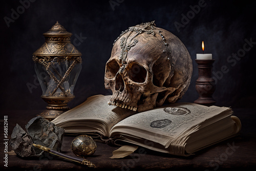 Ancient spell book with a skull resting on it - AI generative