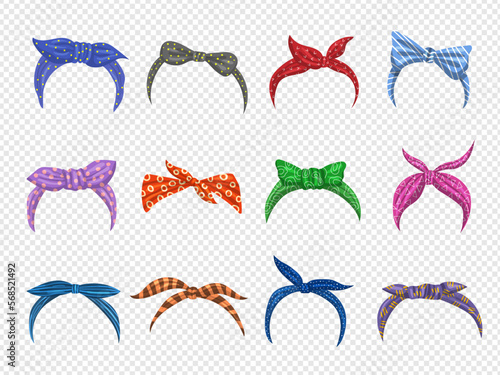 Retro headband. Woman twist scarf for head female accessories colored ribbons recent vector illustrations set