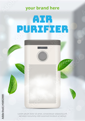 Air purifier poster. Ads with humidifiers realistic illustration decent vector modern cleaning systems