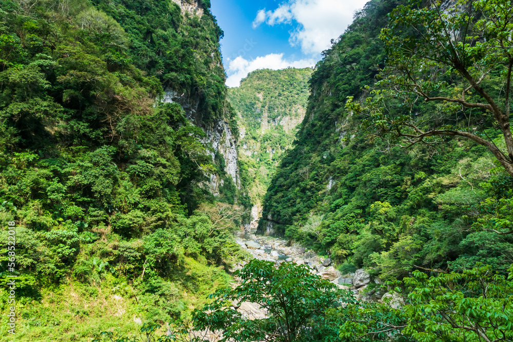 Taroko national park landscape in Hualien, Taiwan. Natural canyon and river view from hiking trail.