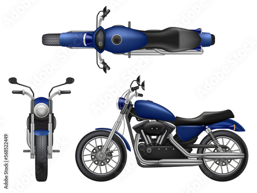 Motorcycle realistic. Various views of modern urban bike decent vector vehicle