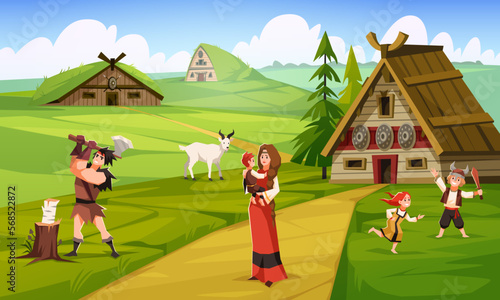 Vikings life. Peaceful cute inhabitants of ancient scandinavian village, woman with children, man chopping wood. Barbarian home. Summer green cartoon norway landscape tidy vector illustration