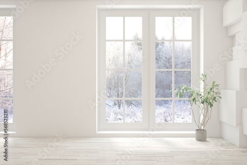 Fototapeta Naklejka Na Ścianę i Meble -  Mock up of empty room in white color with winter landscape in window. Scandinavian interior design. 3D illustration