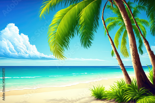 Amazing tropical paradise beach with white sand  a coconut palm  the sea  and a blue sky  a background for outdoor travel  a concept for a summer vacation  and a wallpaper made from nature. Caribbean