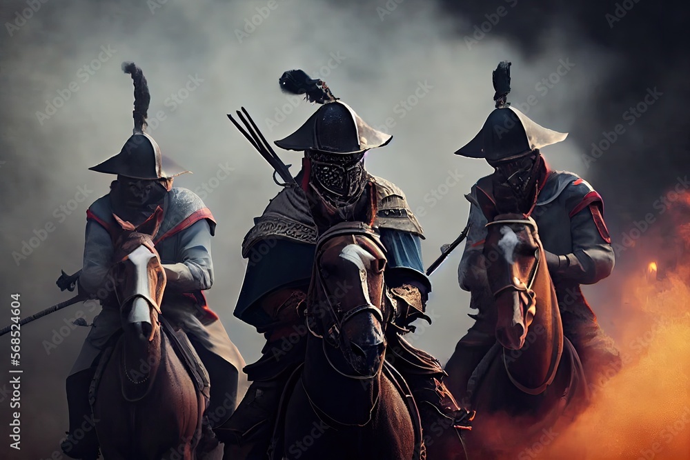 Fototapeta premium A group of masked musketeers on the battlefield with fire and smoke. Generative AI.