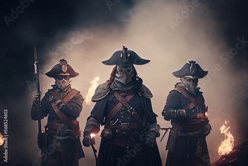 A group of masked musketeers on the battlefield with fire and smoke. Generative AI.