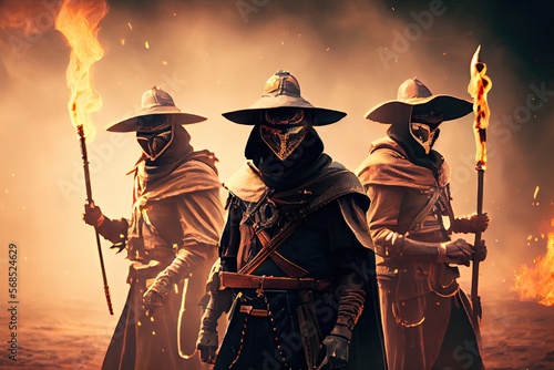 A group of masked musketeers on the battlefield with fire and smoke. Generative AI.