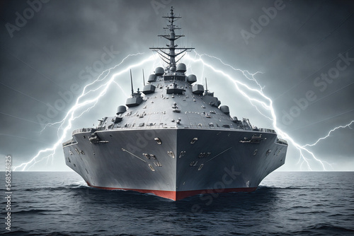 low angle front view of giant futuristic battleship surrounded by  energy and electrical high voltage field as in the philadelphia experiment to achieve electromagnetic radar cloak, generative AI