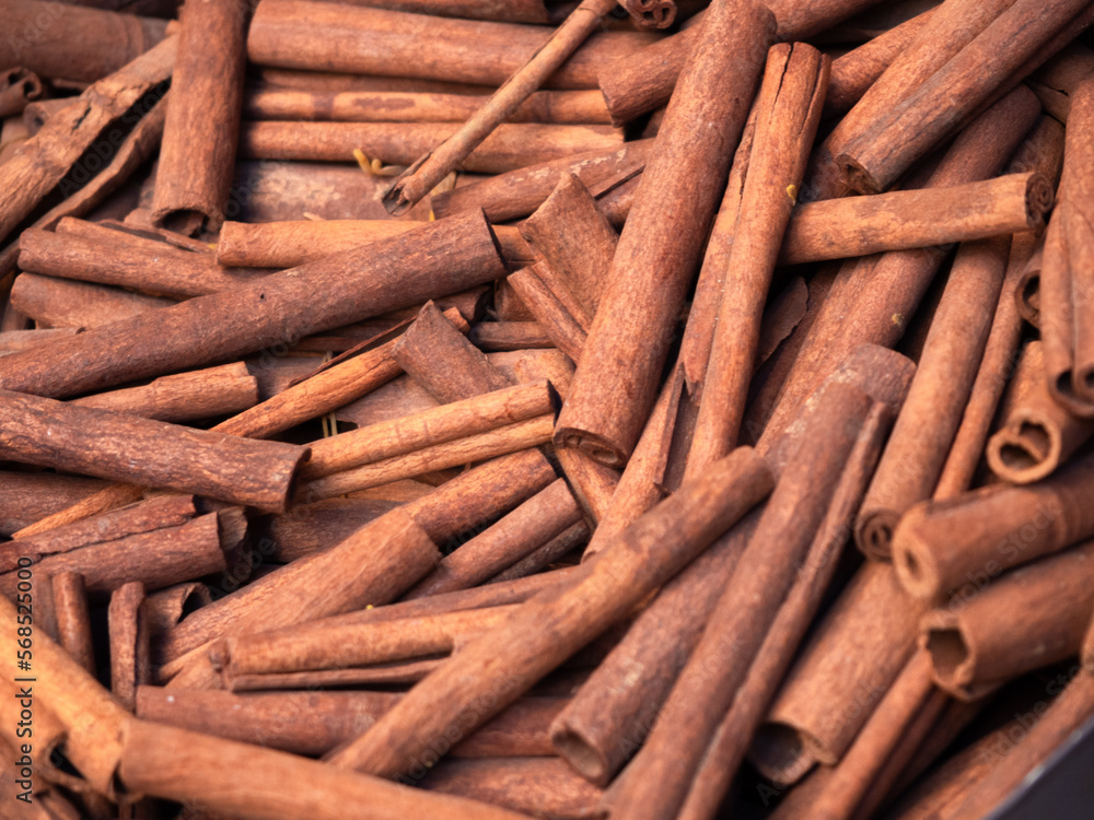 Cinnamon sticks piled up in Marrakech market Morocco Cinnamon sticks piled up in Marrakech market Morocco