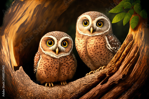 A pair of spotted owlets (Athene brama), a small owl that breeds in tropical Asia, can be found in the wild dwelling in tree holes. Generative AI photo
