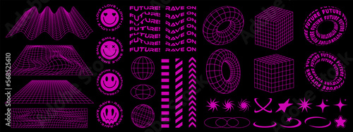 Rave psychedelic retro futuristic set in Y2K-00s style. Surreal geometric shapes, abstract backgrounds and patterns, wireframe, cyberpunk elements and perspective grids. Vector elements and sticker.