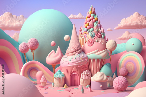 Candyland Houses made from Marshmallow and sweets. 3D Render, Generative Ai. photo