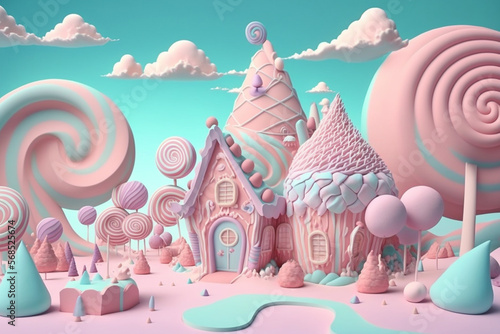 Candyland Houses made from Marshmallow and sweets. 3D Render, Generative Ai.