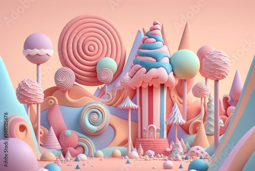 Candyland Houses made from Marshmallow and sweets. 3D Render, Generative Ai.