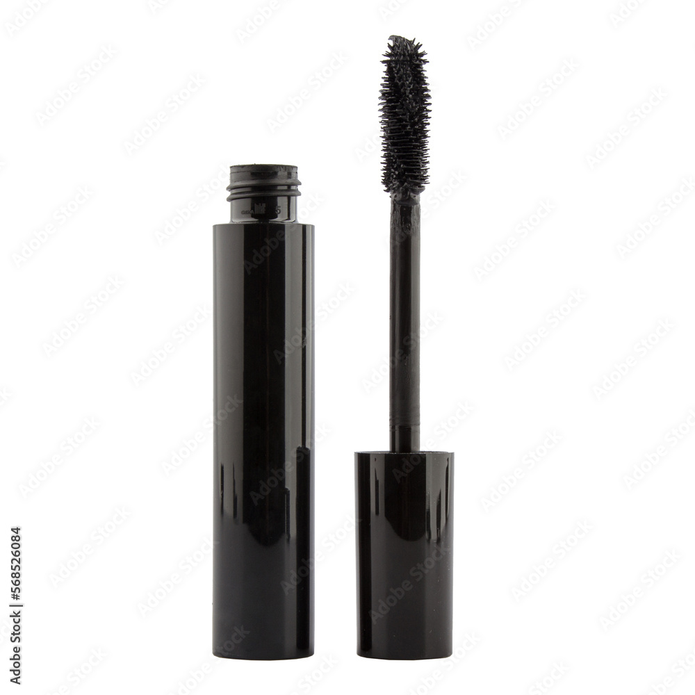 Black mascara brush in black case isolated on white background/ Cosmetic product Black mascara brush in black case isolated on white background/ Cosmetic product