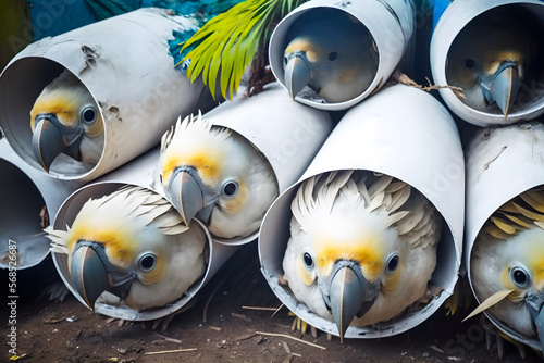 Cockatoo parrots are hidden in exotic beauty animal smuggling tubes. Danger to life, threat of death. Tropical birds smuggling law violation concept. Generative AI technology. photo