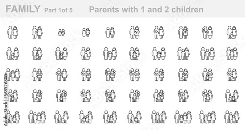 Family (Part 1 of 5). Parents with one and two children. Father, mother, son, daughter, newborn, infant, kid, teenager. Set of outline icons (thin line vector). Editable Strokes