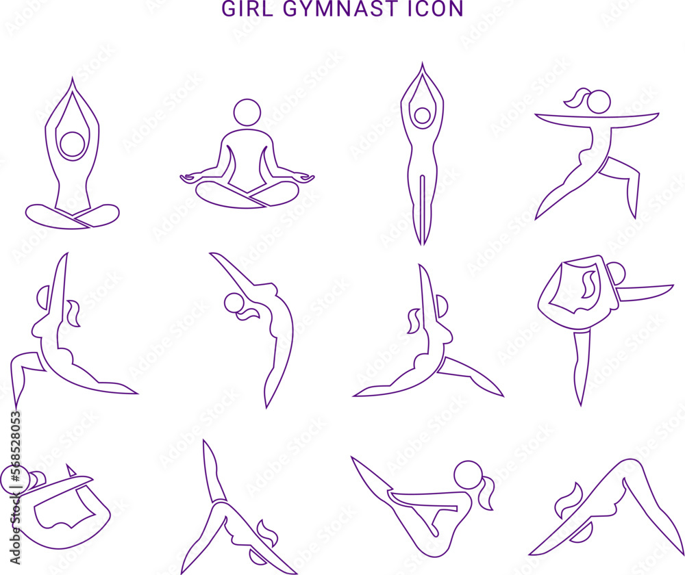 set of yoga poses, girl yoga icon set