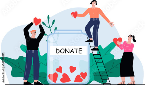 Donation concept, donat financial and hearts, support or helping. Charity people hold hearts, humanism volunteer community sapid vector scene