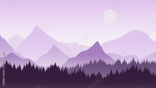Abstract nature purple, blue background. Landscape mountains, rocks silhouettes, hills and forest. Moon on starry sky, early sunrise fog vector scene