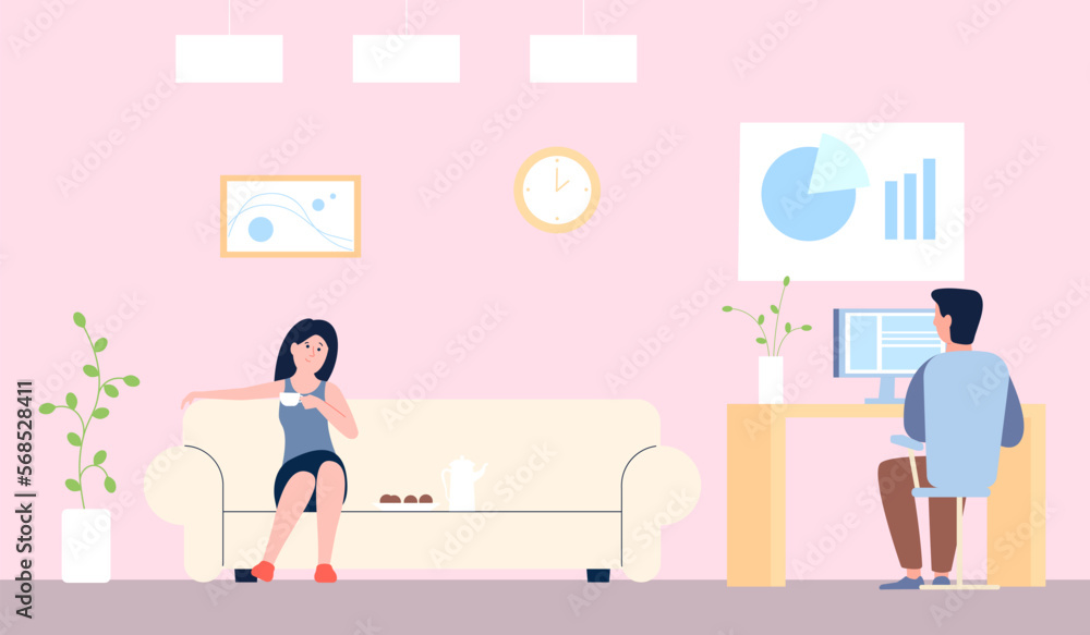 Couple daily routine. Work on computer and chilling on sofa with coffee. Man and woman at home spend time, freelancer vector character Couple daily routine. Work on computer and chilling on sofa with coffee. Man and woman at home spend time, freelancer vector character