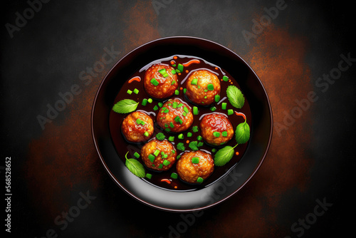 Veg Manchurian Gravy Balls in black bowl in dark slate table top. Vegetarian Manchurian is indian chinese cuisine dish. Asian food and meal. Top view. Copy space. Generative AI photo