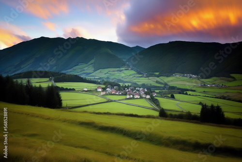 Picturesque Sunset Over Town Surrounded by Lush Green Mountains Generative AI Photo