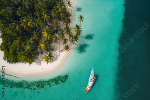 Aerial drone footage taken above Panama's San Blas Islands shows a sailing yacht anchored in clear water near to a pristine white sand beach on a distant tropical island covered in lush palm trees photo